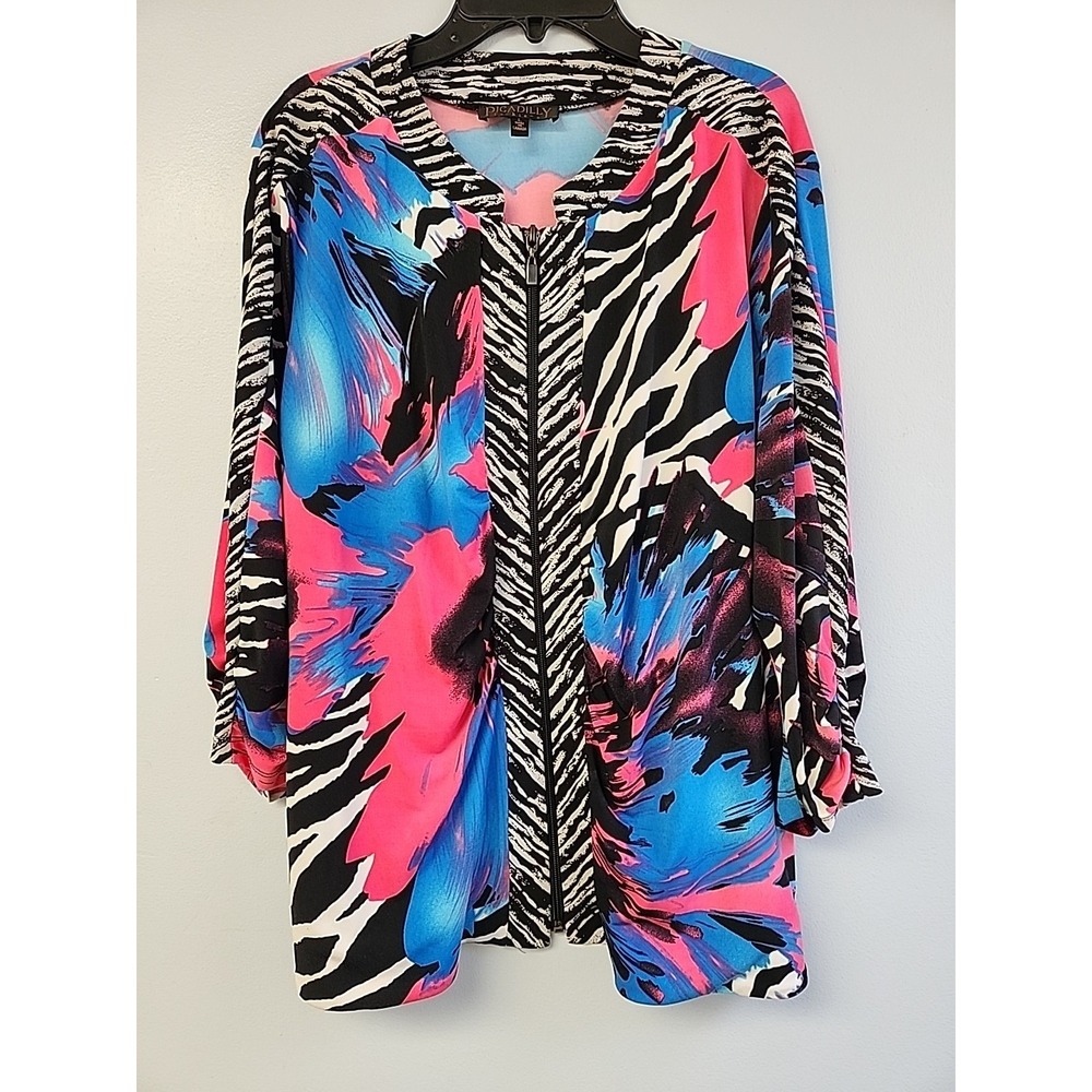 Piccadilly Fashions Jacket Top L Full Zipper Multicolor Artsy‎ Ruched Sleeves